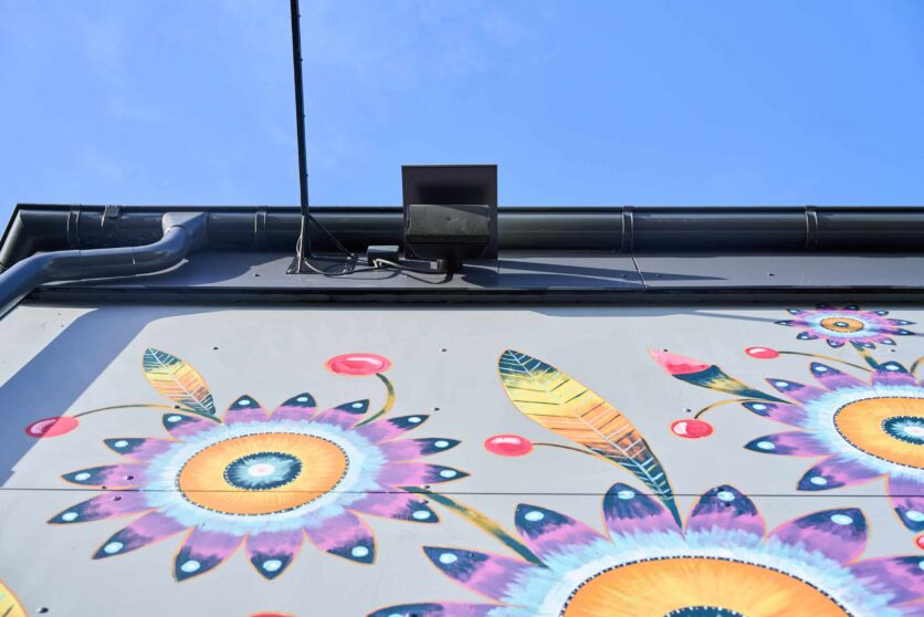 A colorful mural of large, abstract flowers and feathers decorates a wall beneath a security light and blue sky.