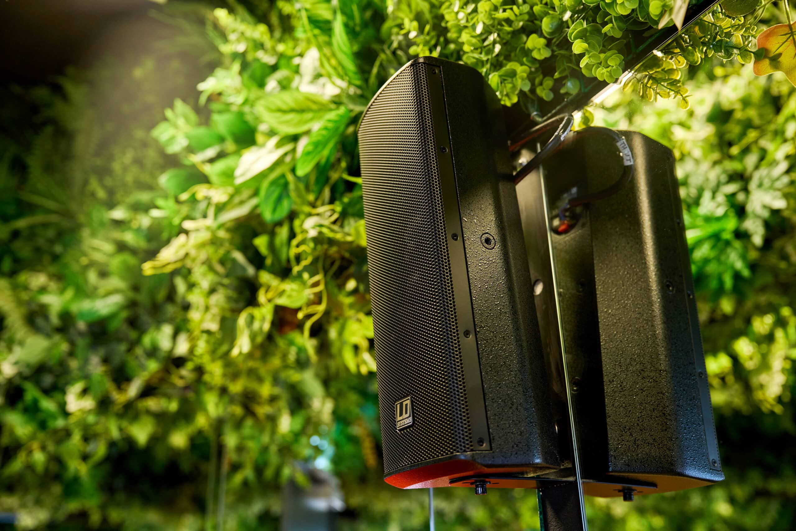 Close-up of two black speakers mounted on a pole with lush green leaves and foliage in the background, creating a vibrant, nature-inspired setting.