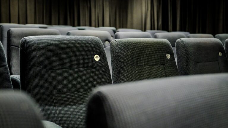 Rows of empty, dark gray theater seats with a textured fabric surface are shown in close-up. A black curtain covers the background, and seat numbers are visible on small metal plaques.