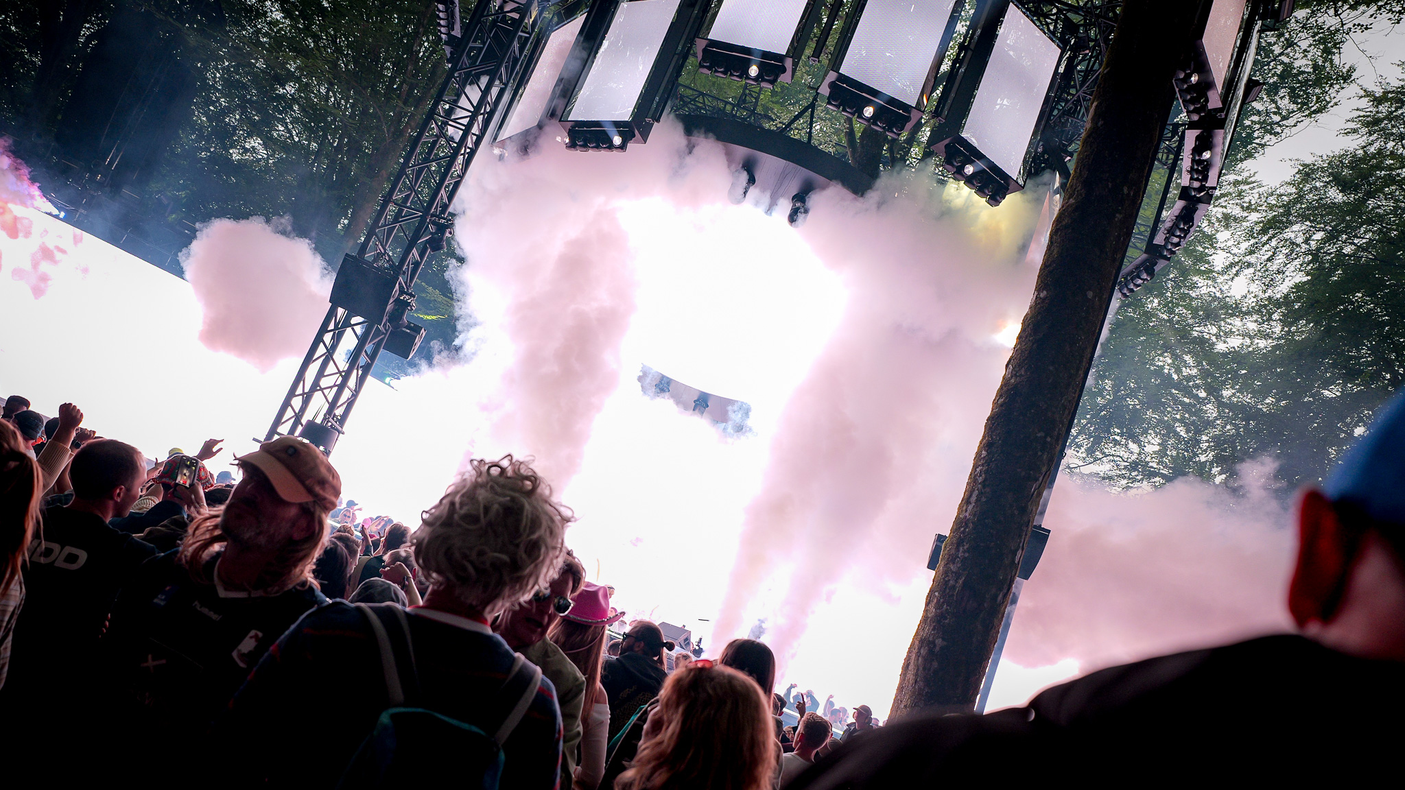 A crowd at an outdoor music festival watches as thick Profox SFX smoke plumes rise from the stage toward a canopy of trees.