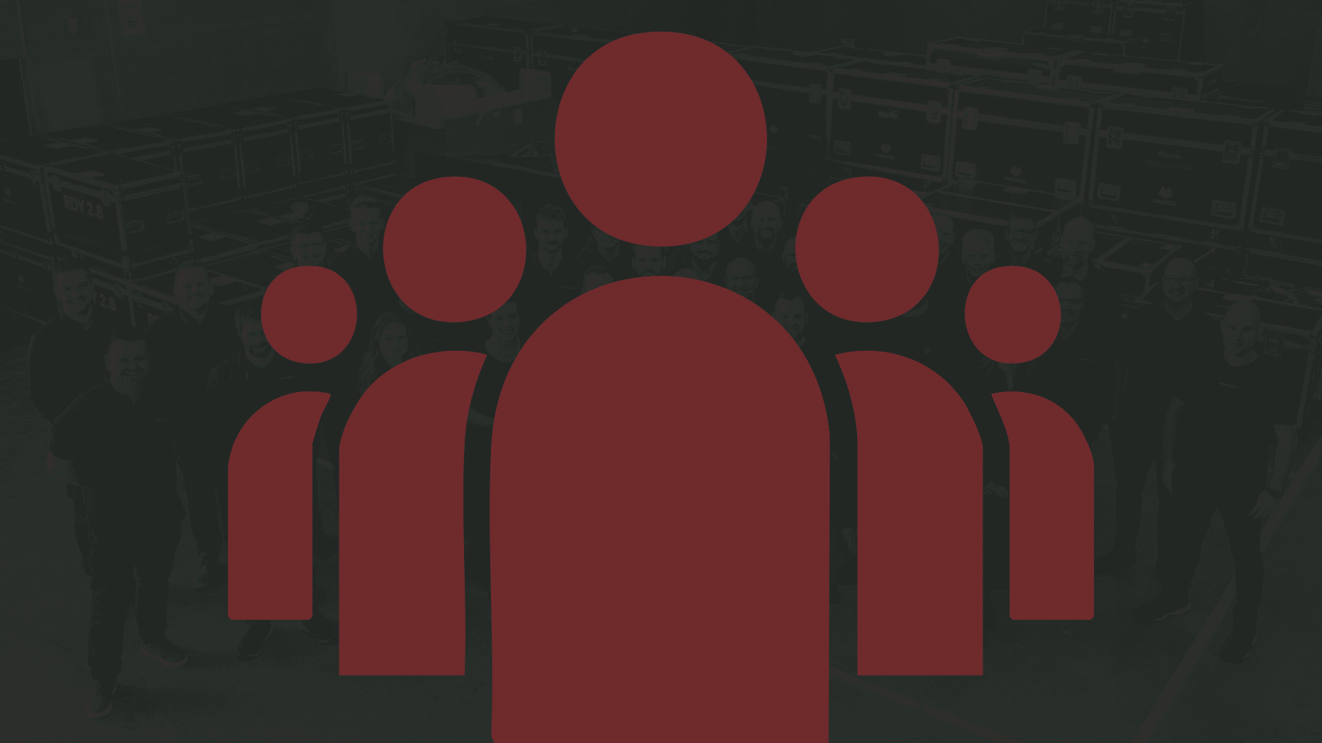 Large red icon of five people overlays a faded background showing a group of people standing in what appears to be a warehouse filled with black storage cases.