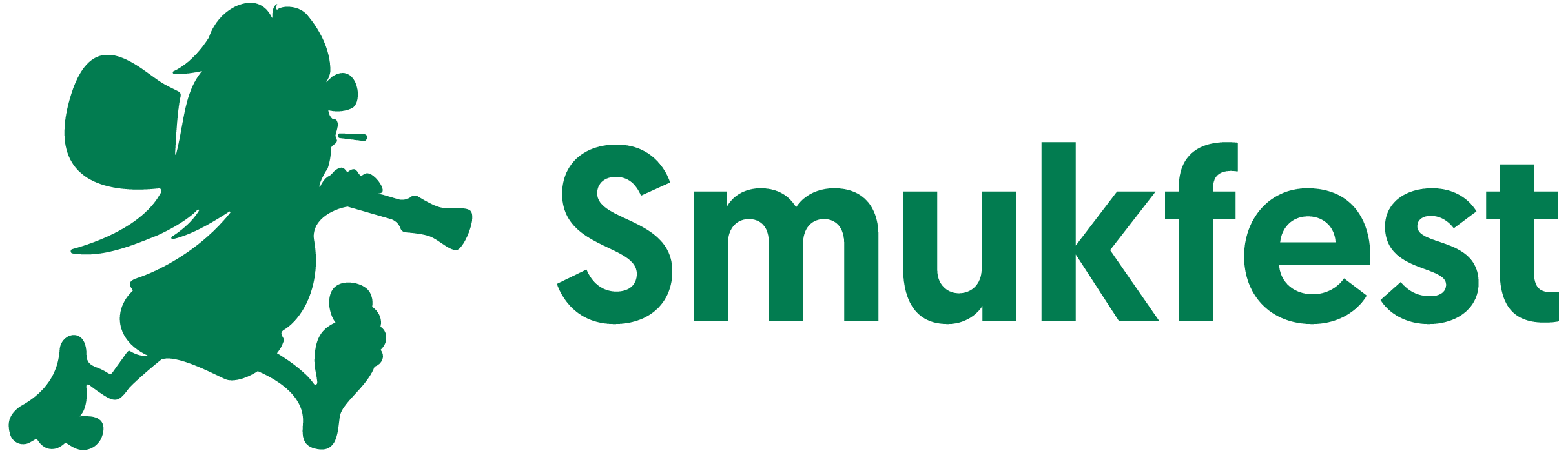 Smukfest logo featuring a green silhouette of a running elf playing a flute next to the word Smukfest.